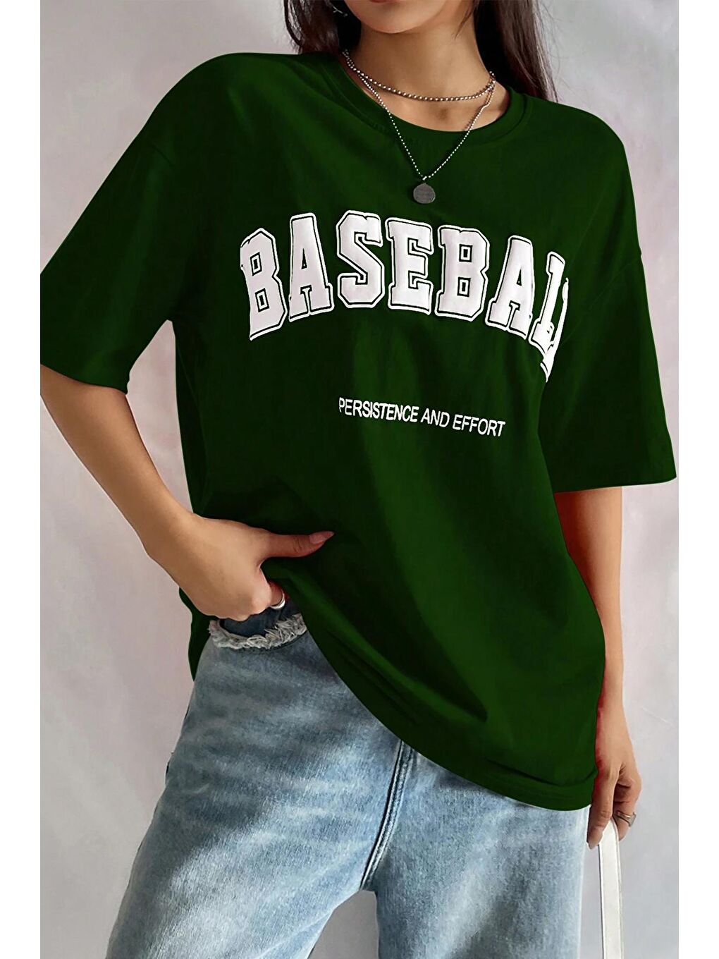 uyguntarz Yeşil Unisex Baseball Baskılı Oversize Tshirt - 1