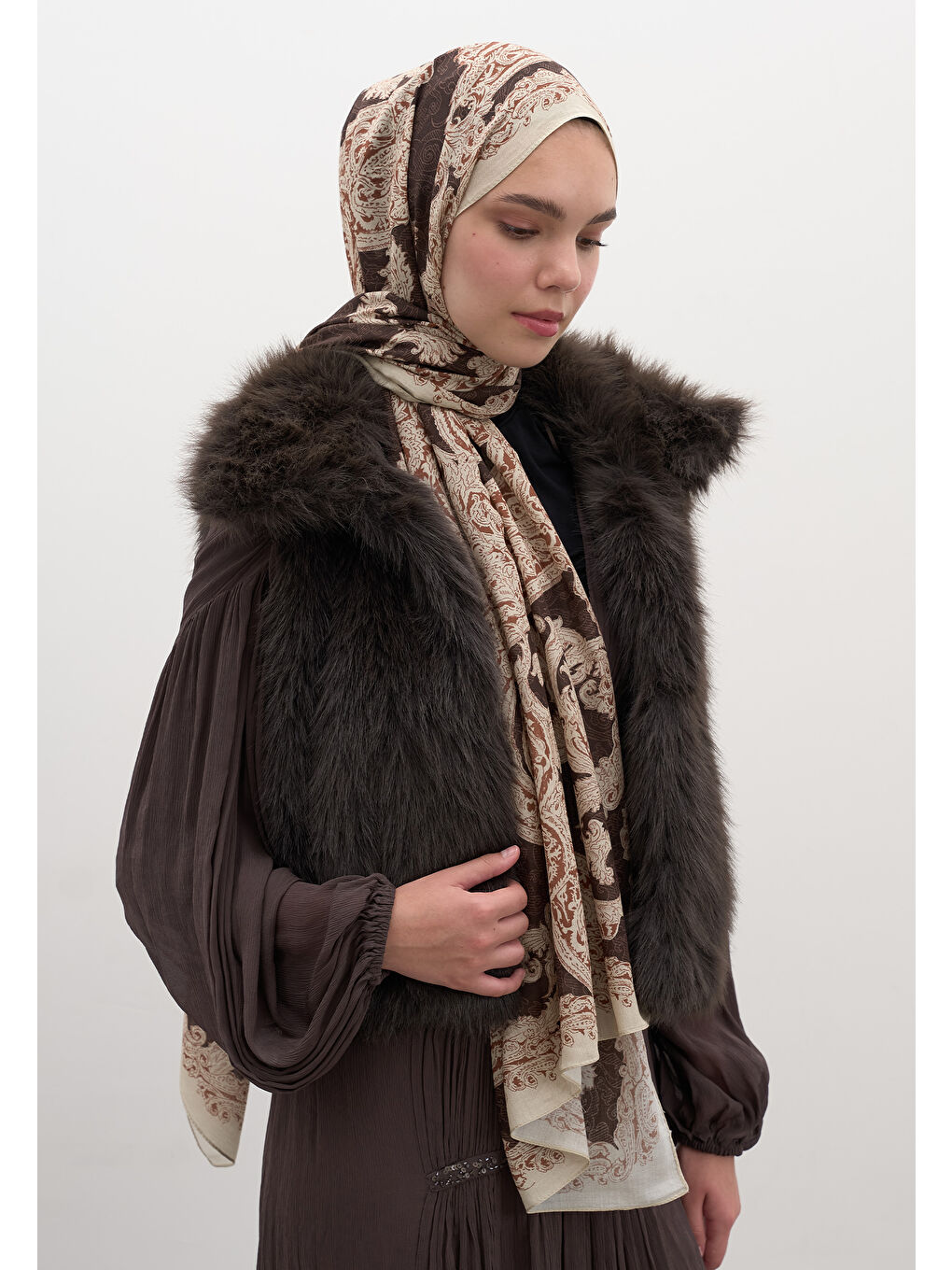 Kahverengi Wıld Paısley Desen Şal Sıcak Kahve