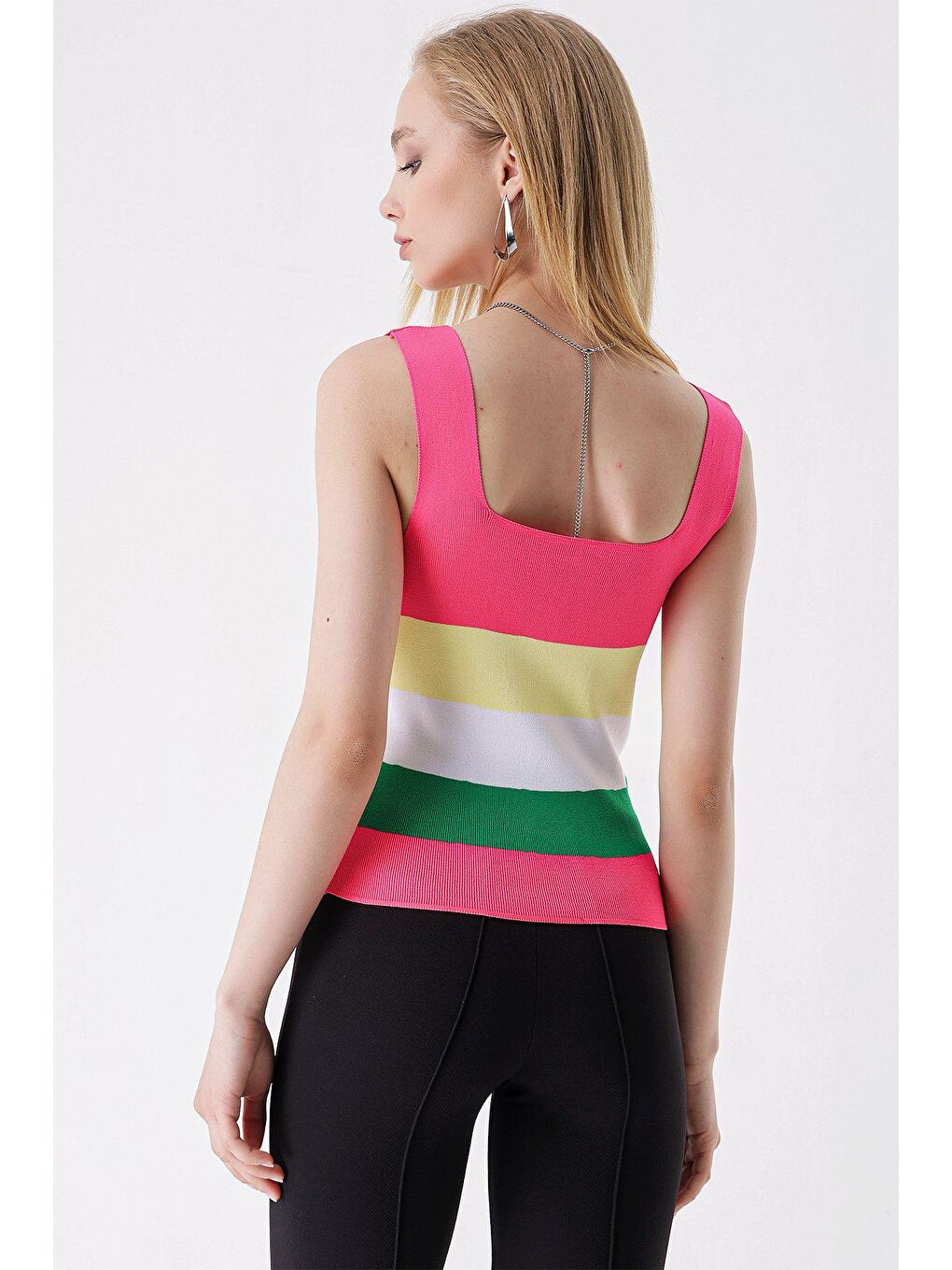 Fuşya Kare Yaka Renkli Çizgili BLUZ-4