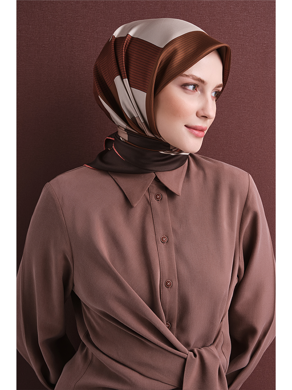 Kahverengi Saf İpek Twill Eşarp 9610d 83-2