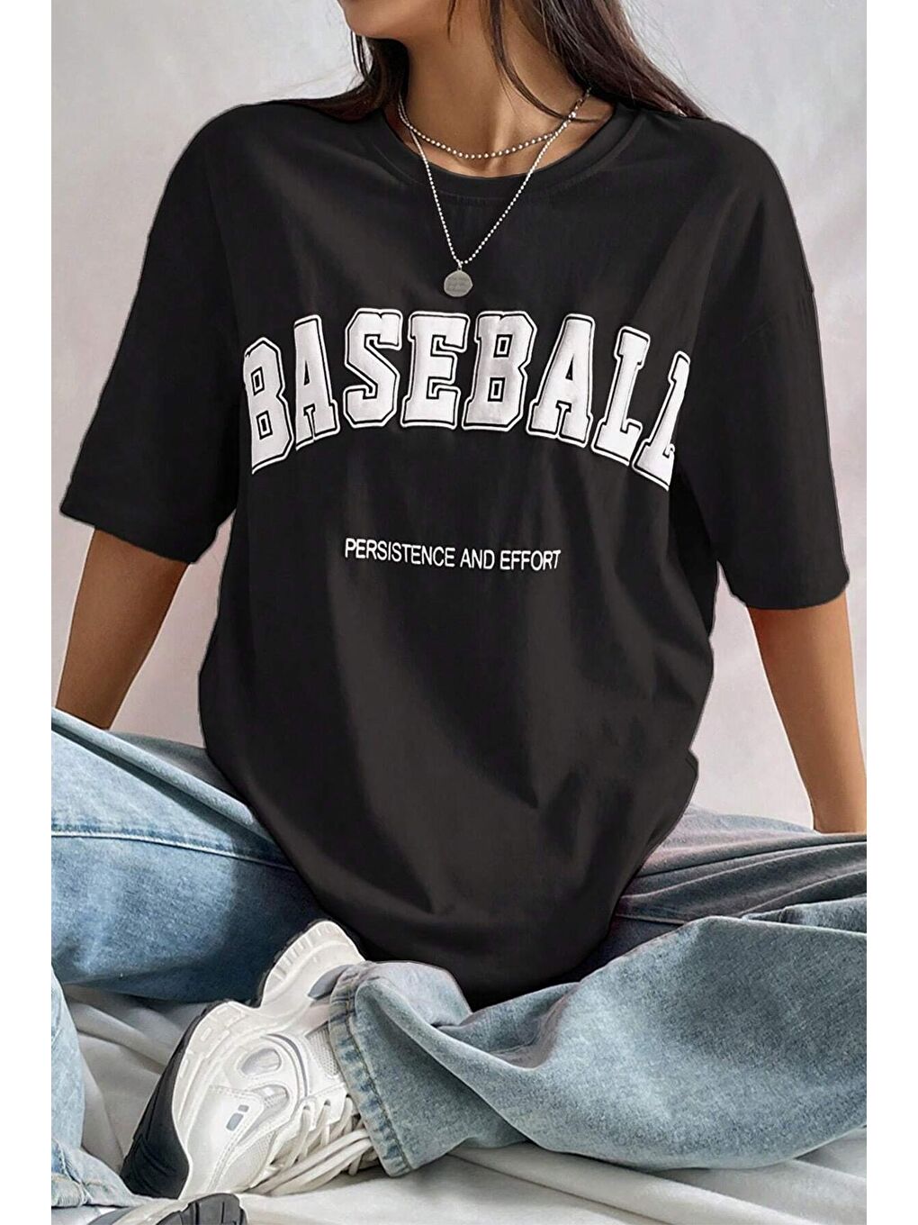 uyguntarz Siyah Unisex Baseball Baskılı Oversize Tshirt - 1