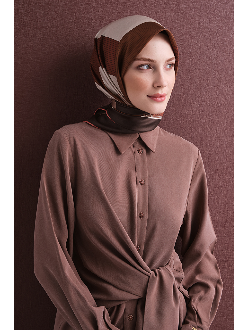 Kahverengi Saf İpek Twill Eşarp 9610d 83-3