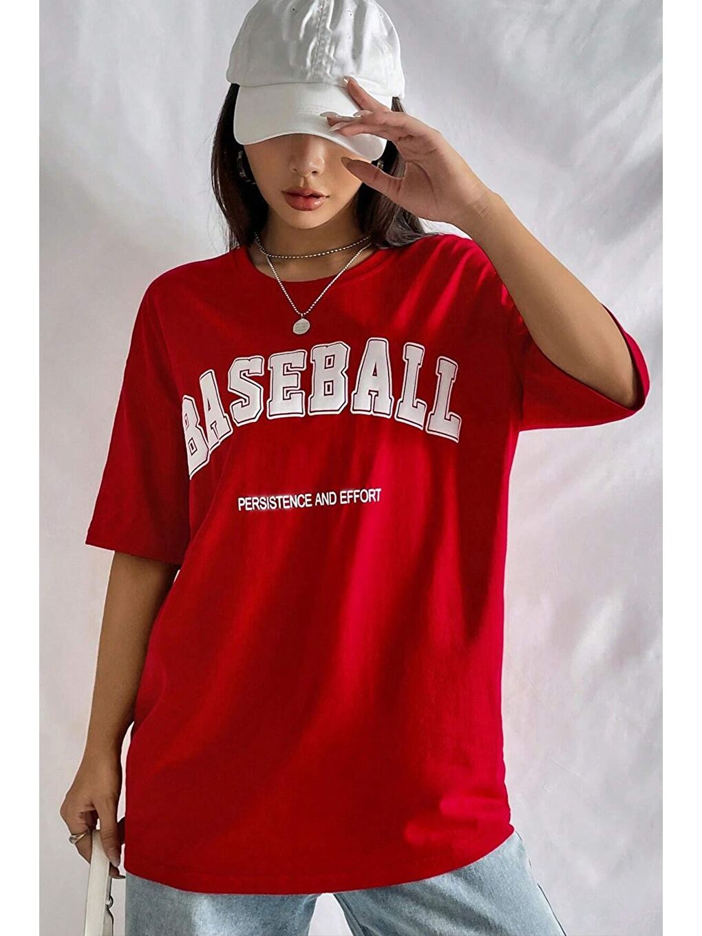 uyguntarz Kırmızı Unisex Baseball Baskılı Oversize Tshirt