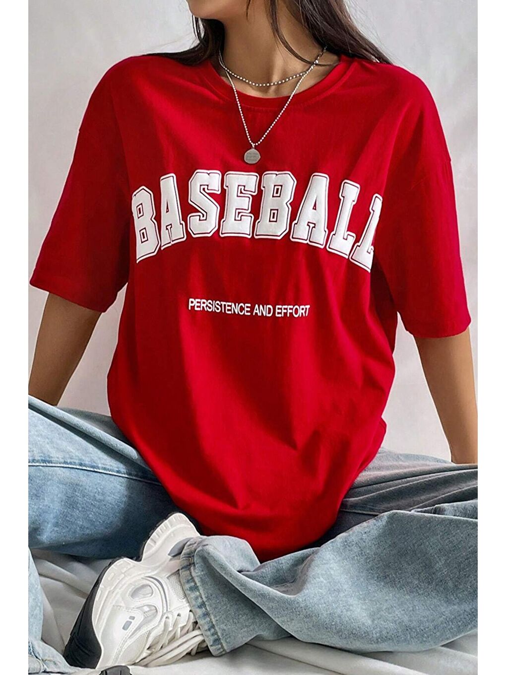 uyguntarz Kırmızı Unisex Baseball Baskılı Oversize Tshirt - 1