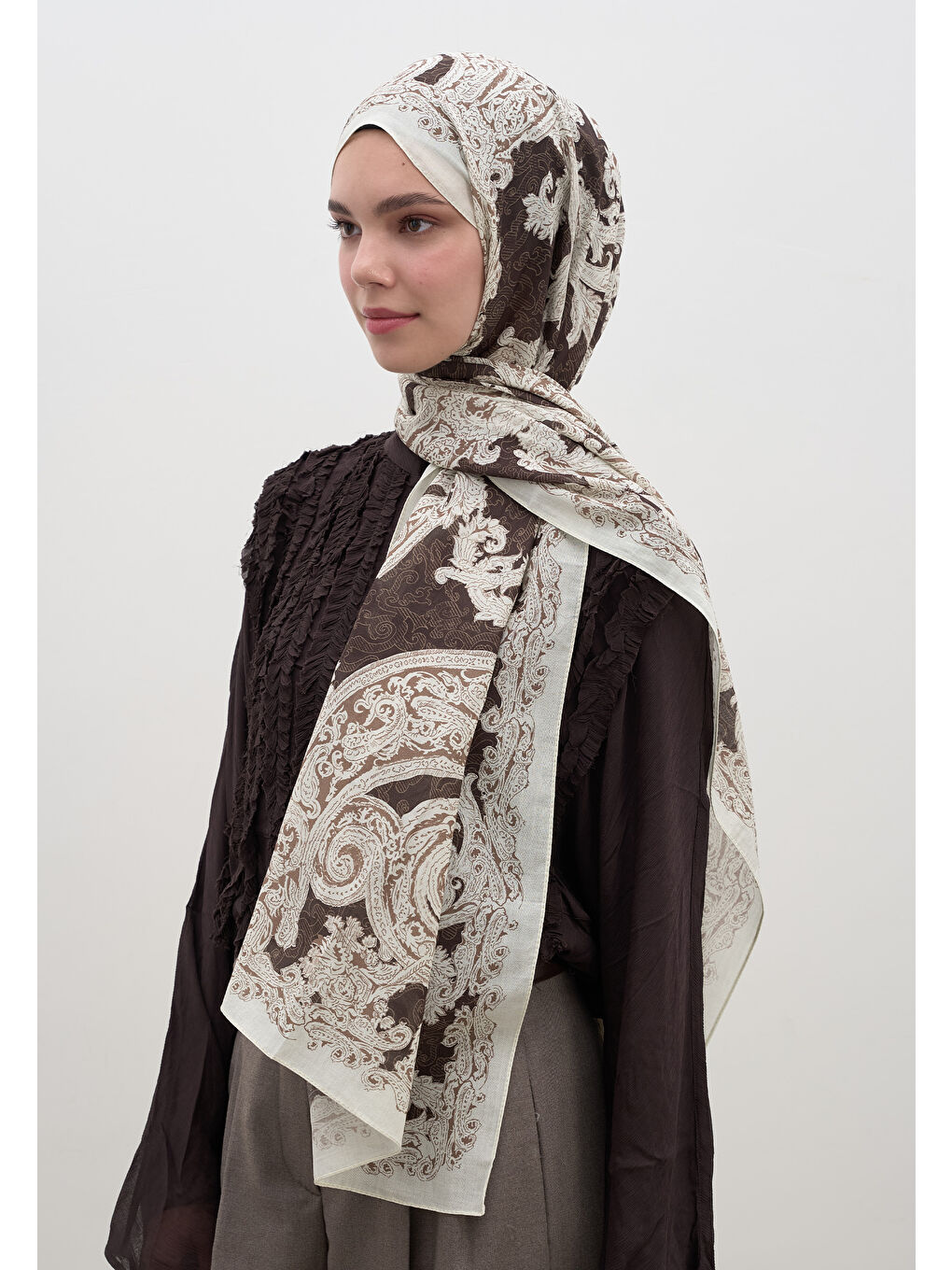 Kahverengi Wıld Paısley Desen Şal Çikolata Kahve-1