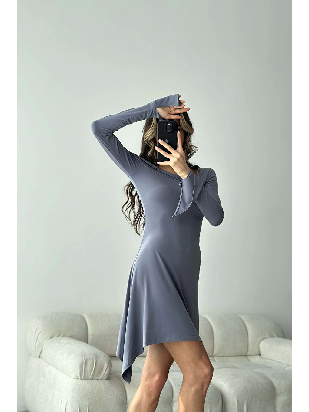 Kadın Gri Omuz Dekolte Sandy Elbise 1009-0883-4