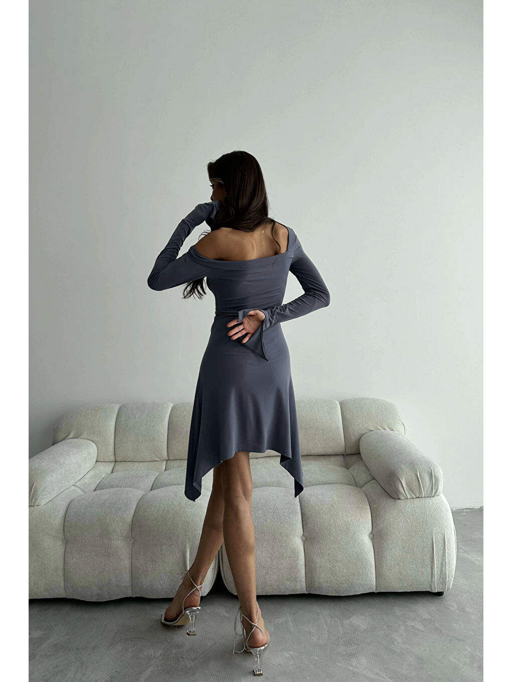 Kadın Gri Omuz Dekolte Sandy Elbise 1009-0883-6