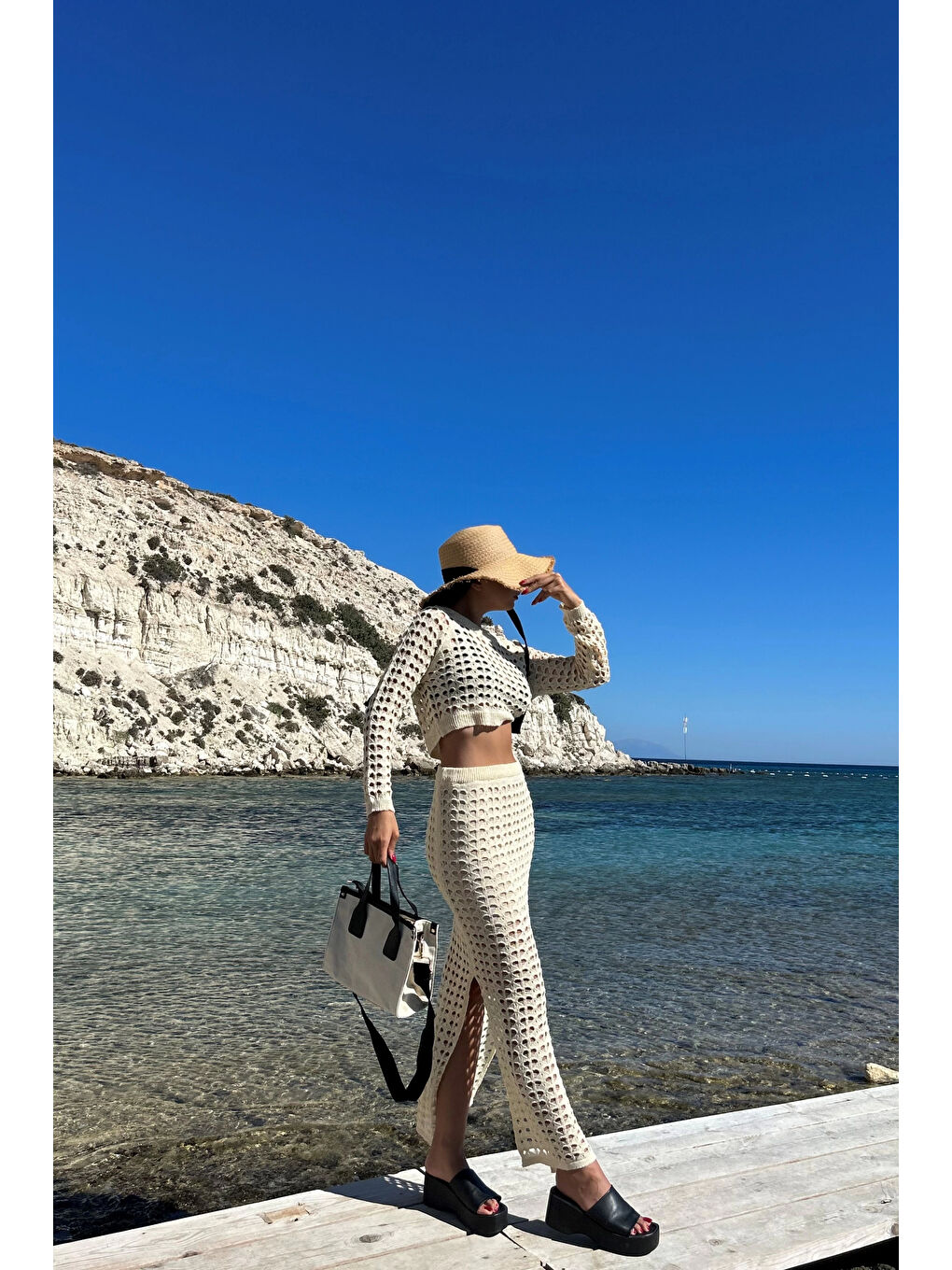 Kadın Bej Ajurlu Crop Etek Takım 0999-23119