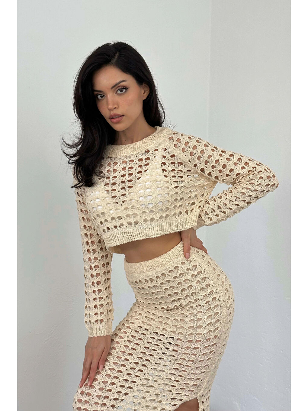 Kadın Bej Ajurlu Crop Etek Takım 0999-23119-1