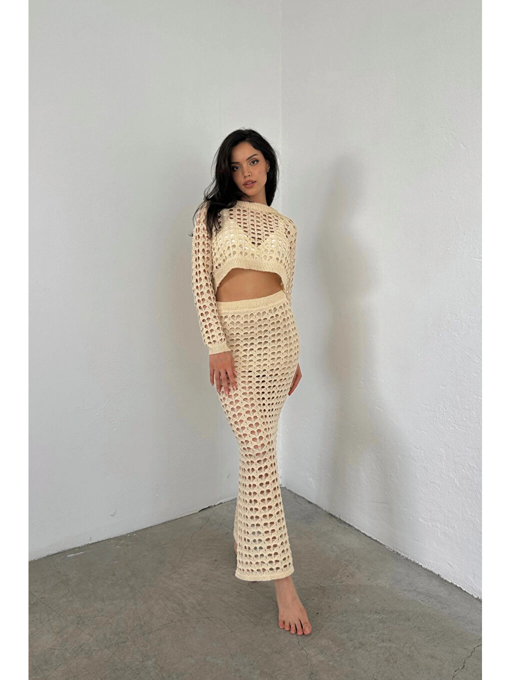 Kadın Bej Ajurlu Crop Etek Takım 0999-23119-2