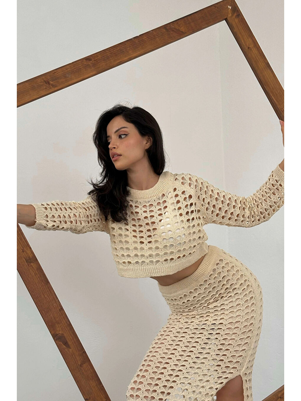 Kadın Bej Ajurlu Crop Etek Takım 0999-23119-3