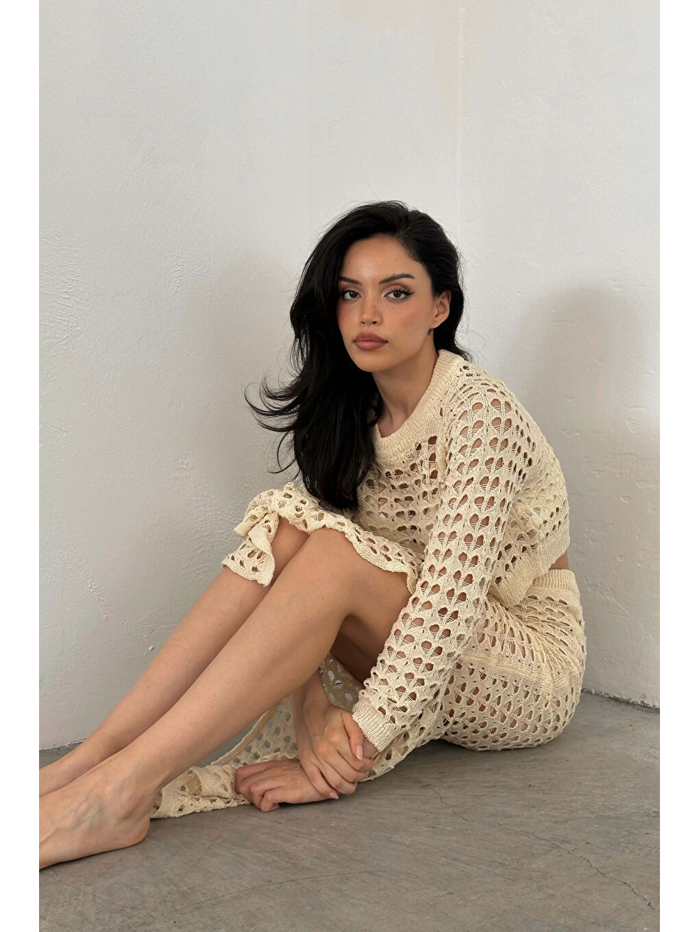 Kadın Bej Ajurlu Crop Etek Takım 0999-23119-5