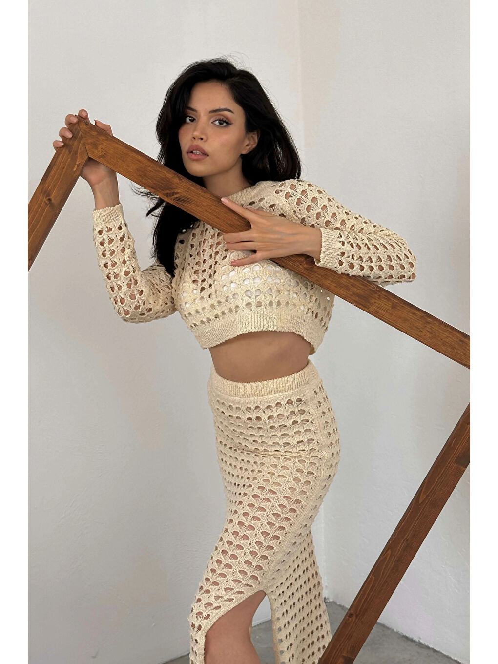 Kadın Bej Ajurlu Crop Etek Takım 0999-23119-8