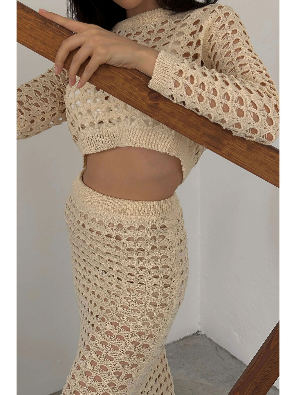 Kadın Bej Ajurlu Crop Etek Takım 0999-23119-9