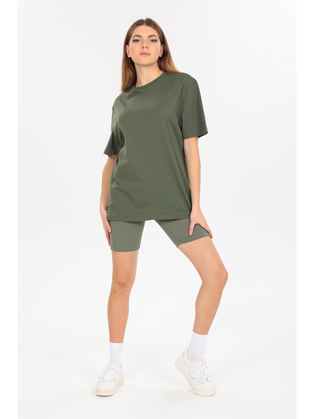Haki Oversize Fit Pamuklu Kısa Kollu Basic Uniseks Kadın Erkek Unisex Tişört-1