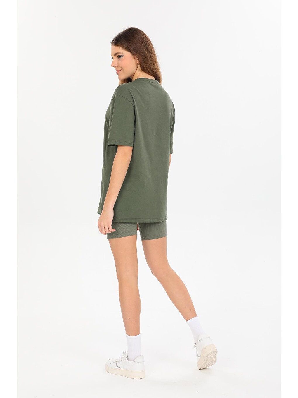 Haki Oversize Fit Pamuklu Kısa Kollu Basic Uniseks Kadın Erkek Unisex Tişört-2
