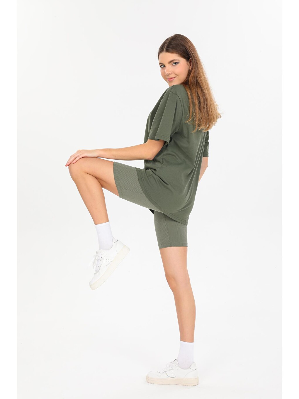 Haki Oversize Fit Pamuklu Kısa Kollu Basic Uniseks Kadın Erkek Unisex Tişört-3
