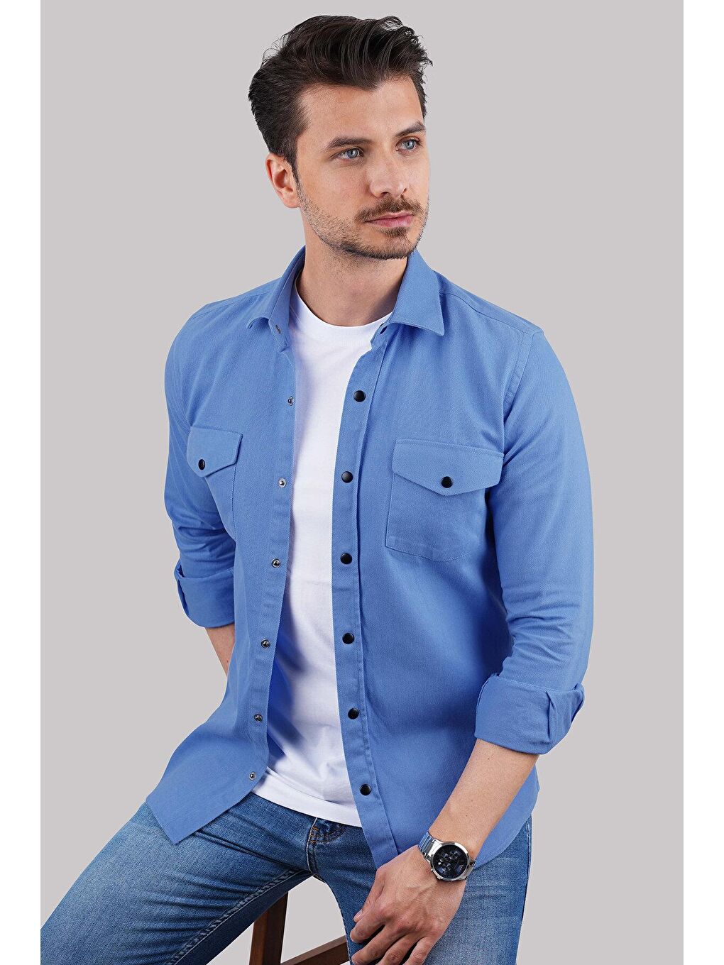 Mavi Slimfit Hediye Kutulu Gerçek Jean Gömlek-1