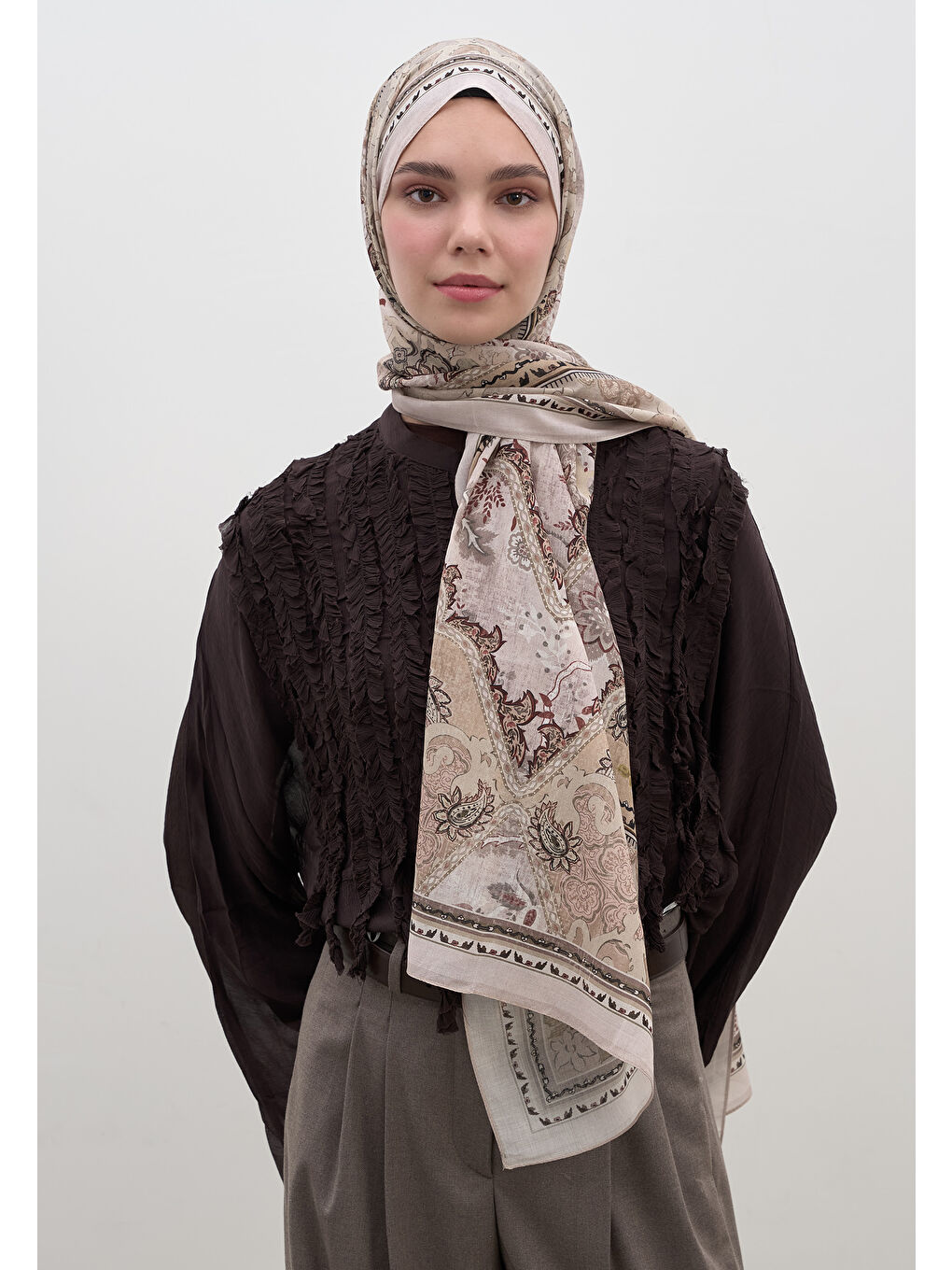 Arıane Desen Şal Bej-3