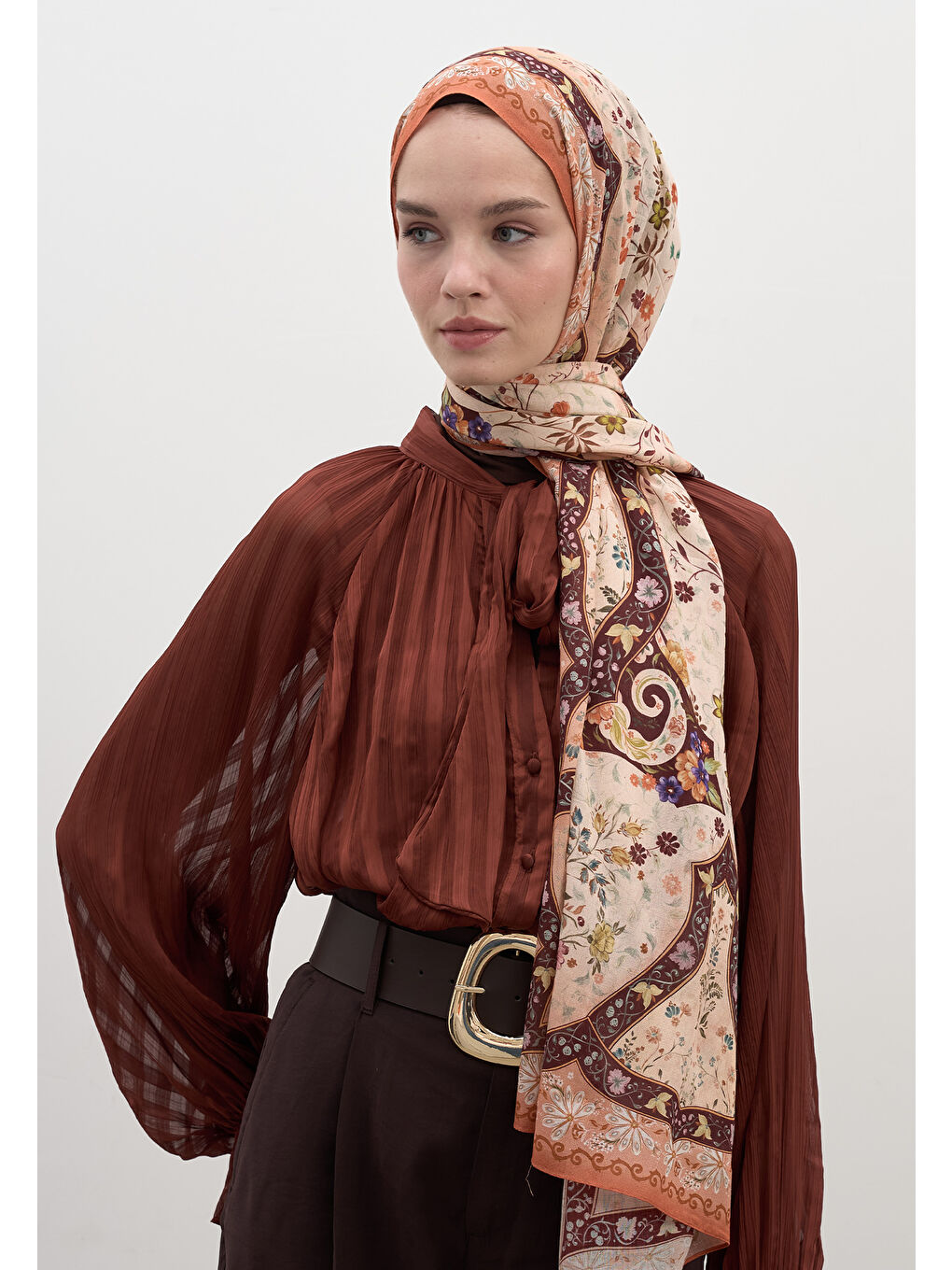 Kahverengi Berthe Desen Şal Kiremit-1