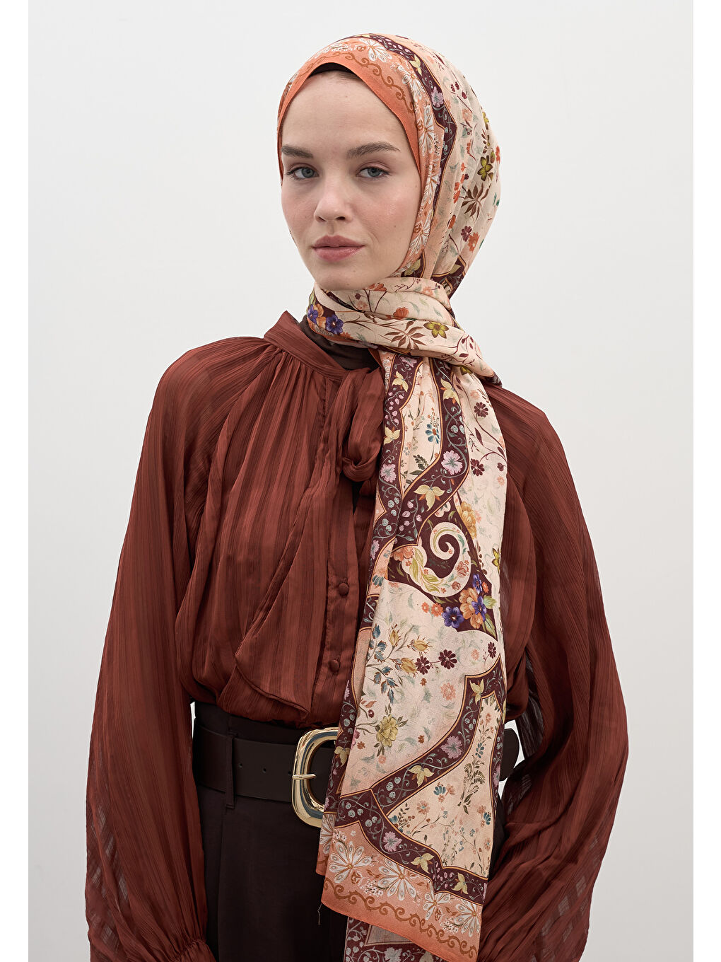 Kahverengi Berthe Desen Şal Kiremit-2