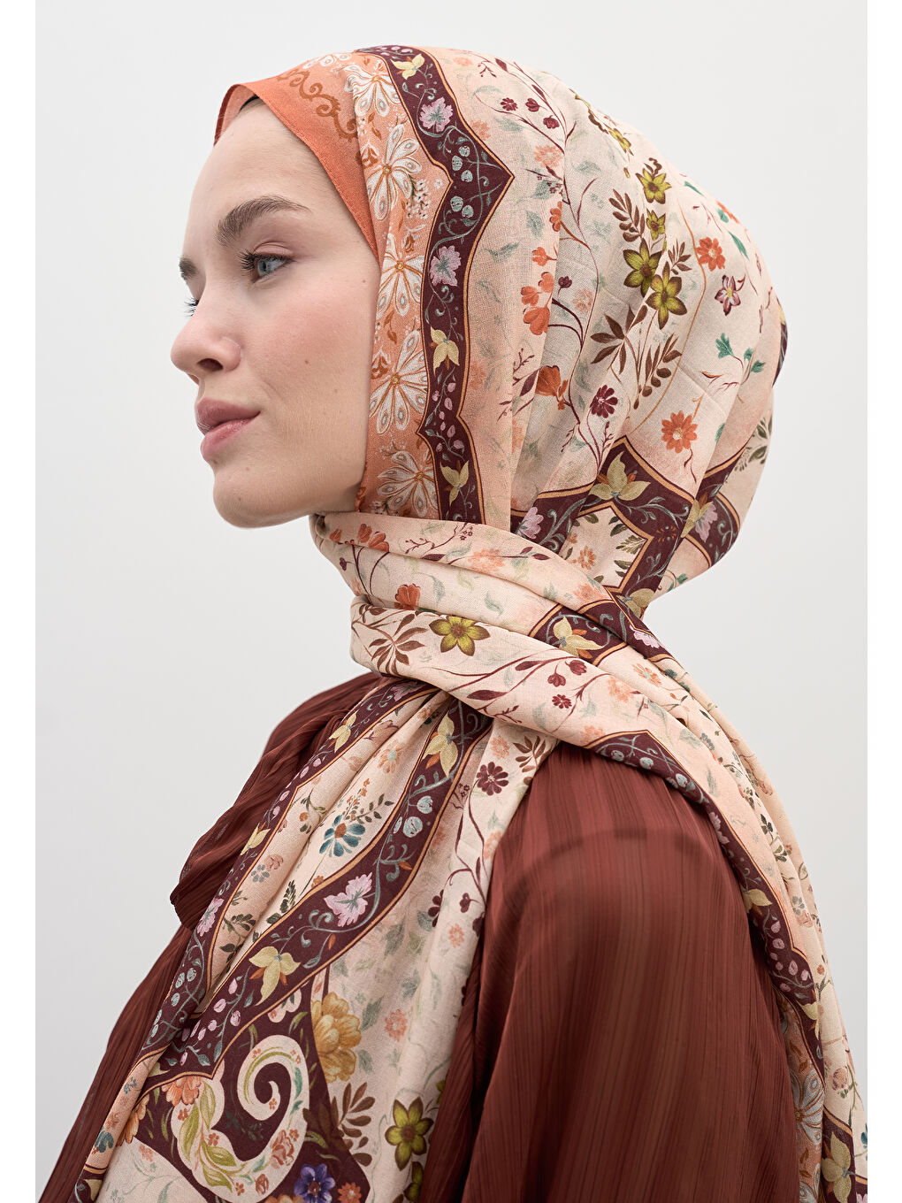 Kahverengi Berthe Desen Şal Kiremit-3
