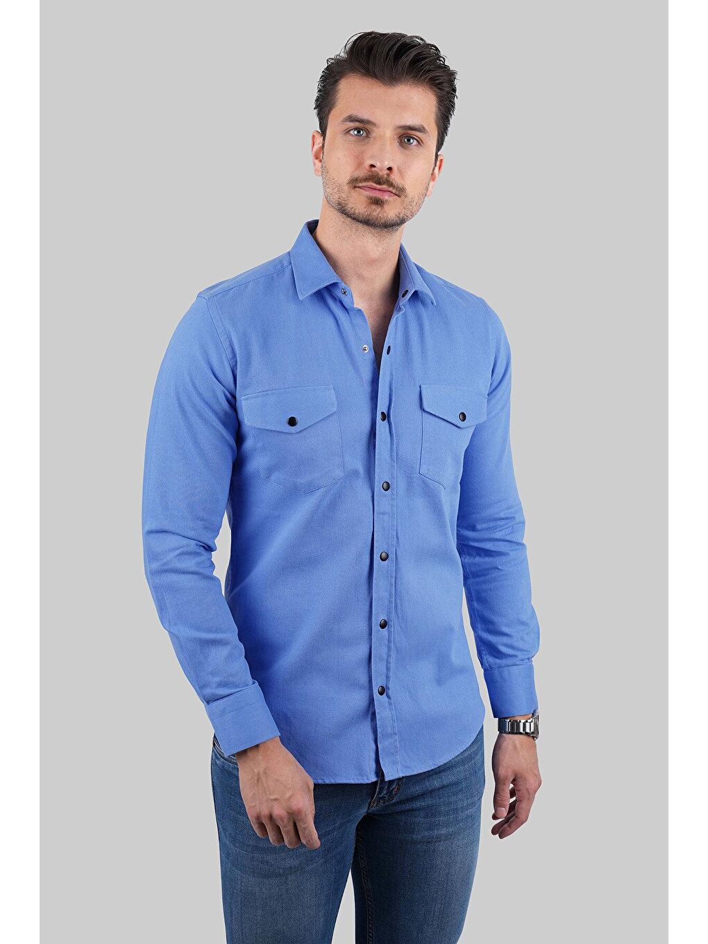 Mavi Slimfit Hediye Kutulu Gerçek Jean Gömlek-4