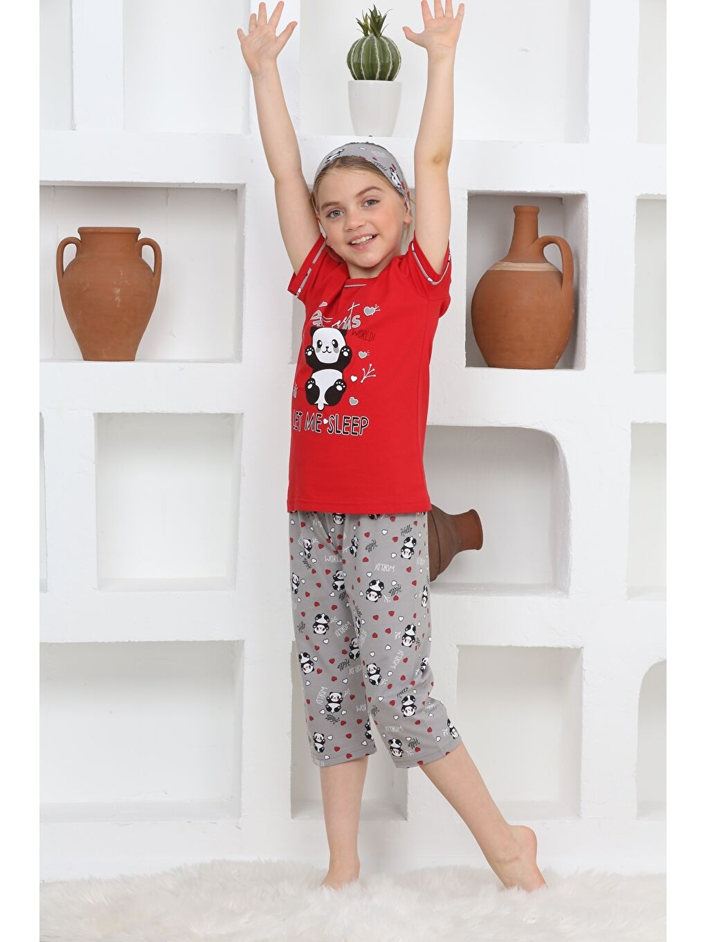 Kapi Kids Kırmızı Kız Çocuk Uyku Bantlı-Kaprili- Şortlu Pijama Takımı Mnx6112-14