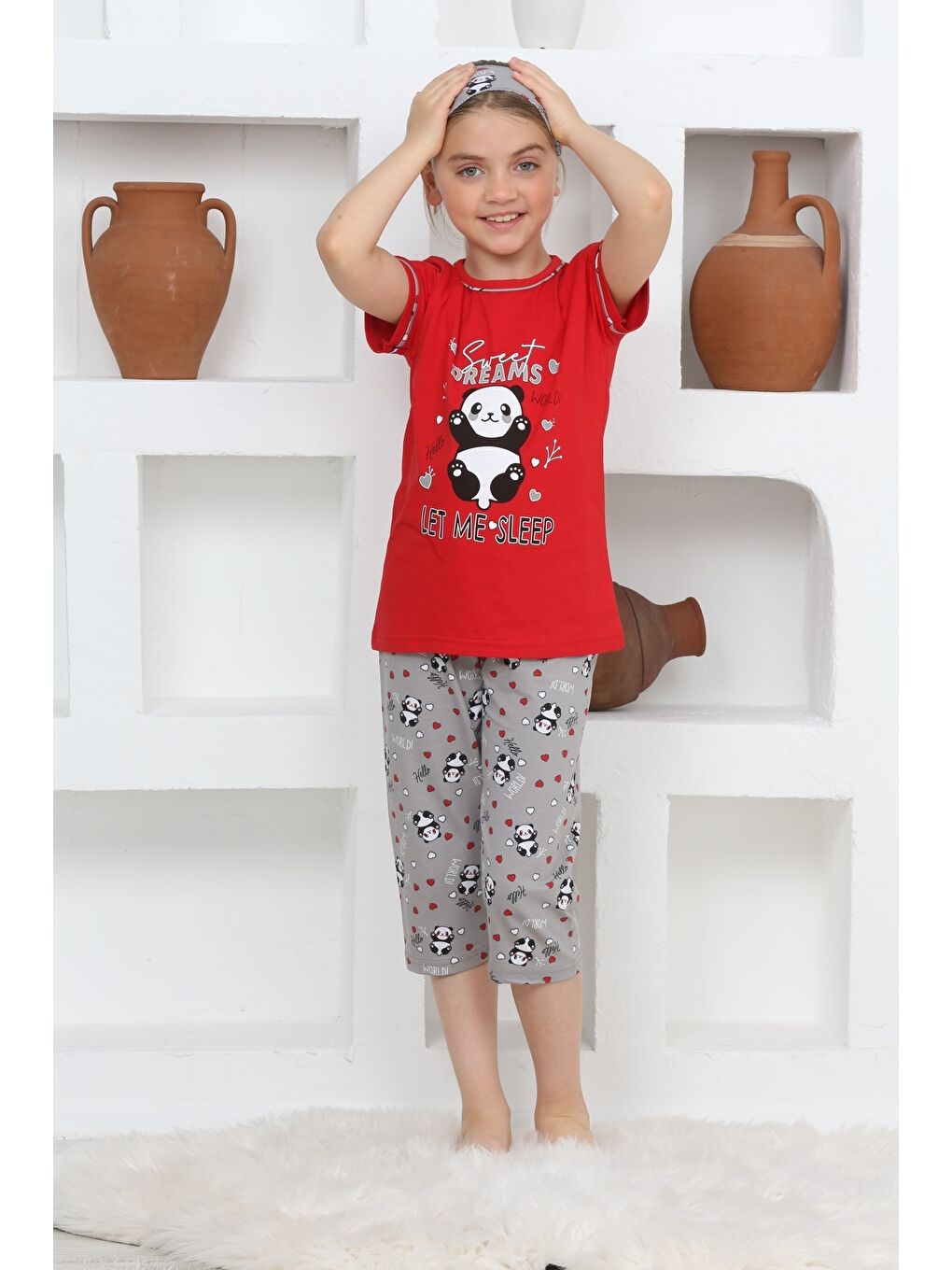 Kapi Kids Kırmızı Kız Çocuk Uyku Bantlı-Kaprili- Şortlu Pijama Takımı Mnx6112-14 - 1