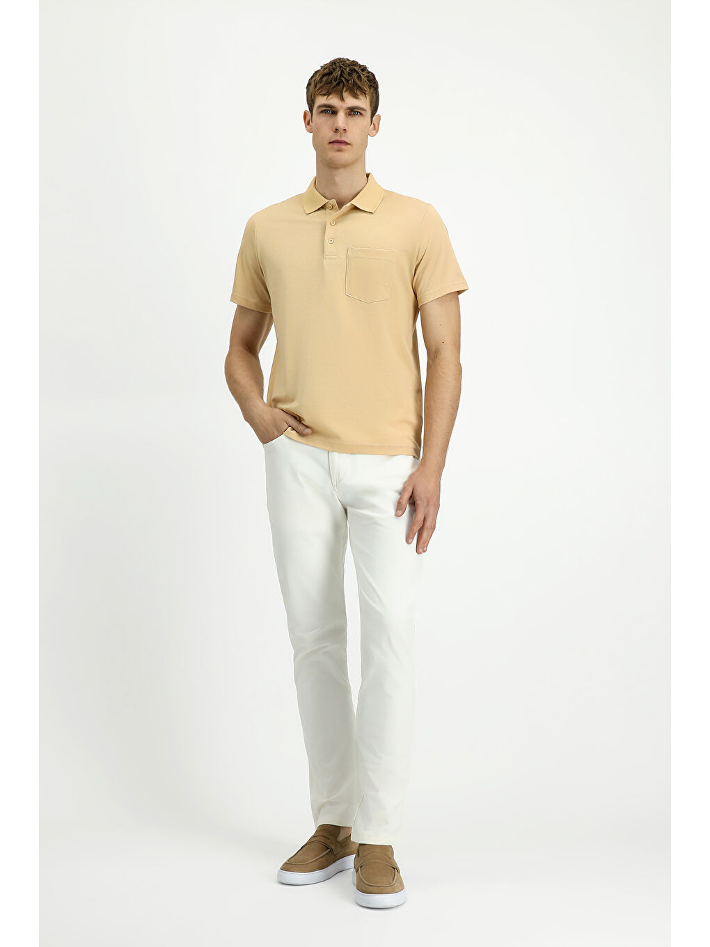 Bej Regular Fit Pamuklu Nakışlı Cepli Polo Yaka Tişört-1