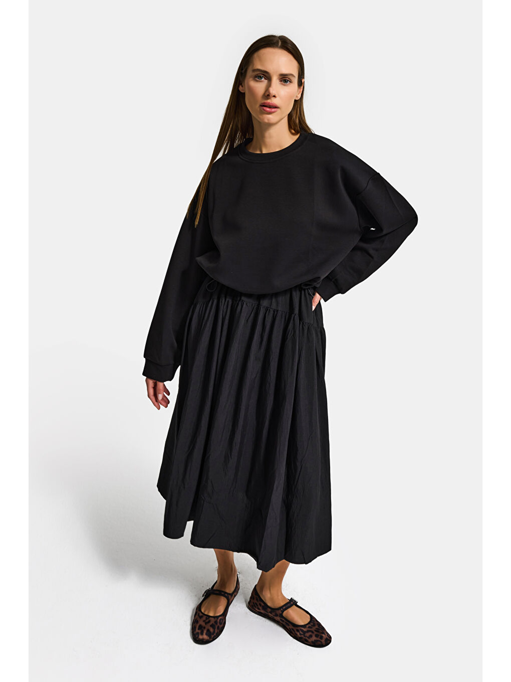 Kadın Siyah w5 Sweatshirt Etek Tek Parça Tasarım Elbise-4