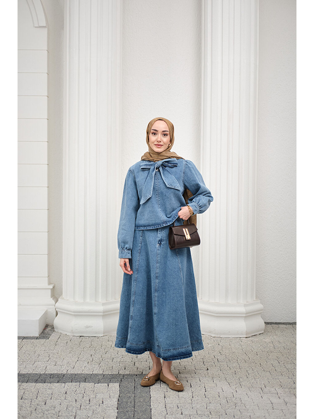 Kadın Yaka Bağlamalı Balon Kol Etekli Takım Açık Mavi