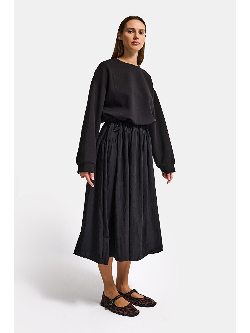 Kadın Siyah w5 Sweatshirt Etek Tek Parça Tasarım Elbise-5