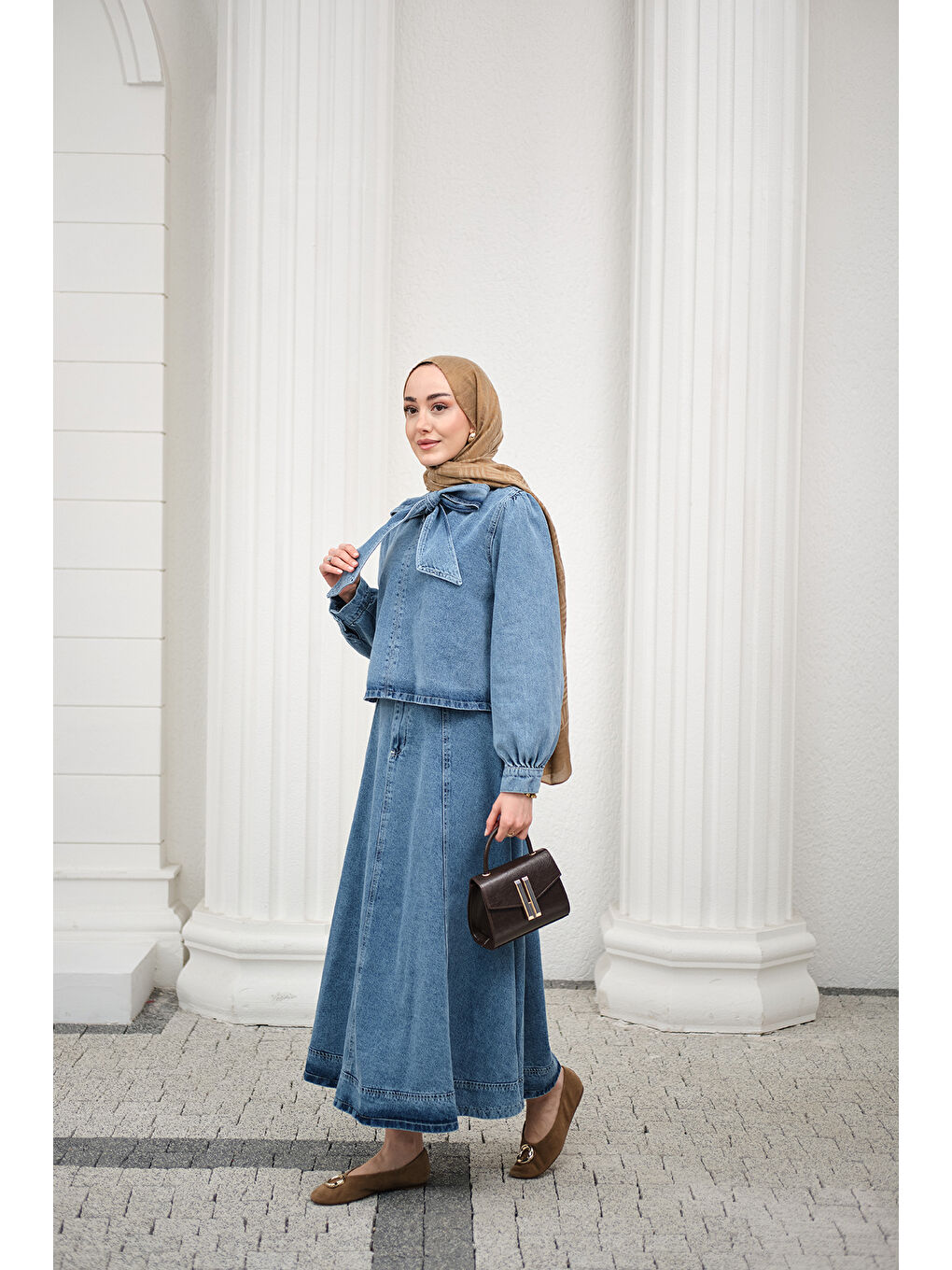 Kadın Yaka Bağlamalı Balon Kol Etekli Takım Açık Mavi-1