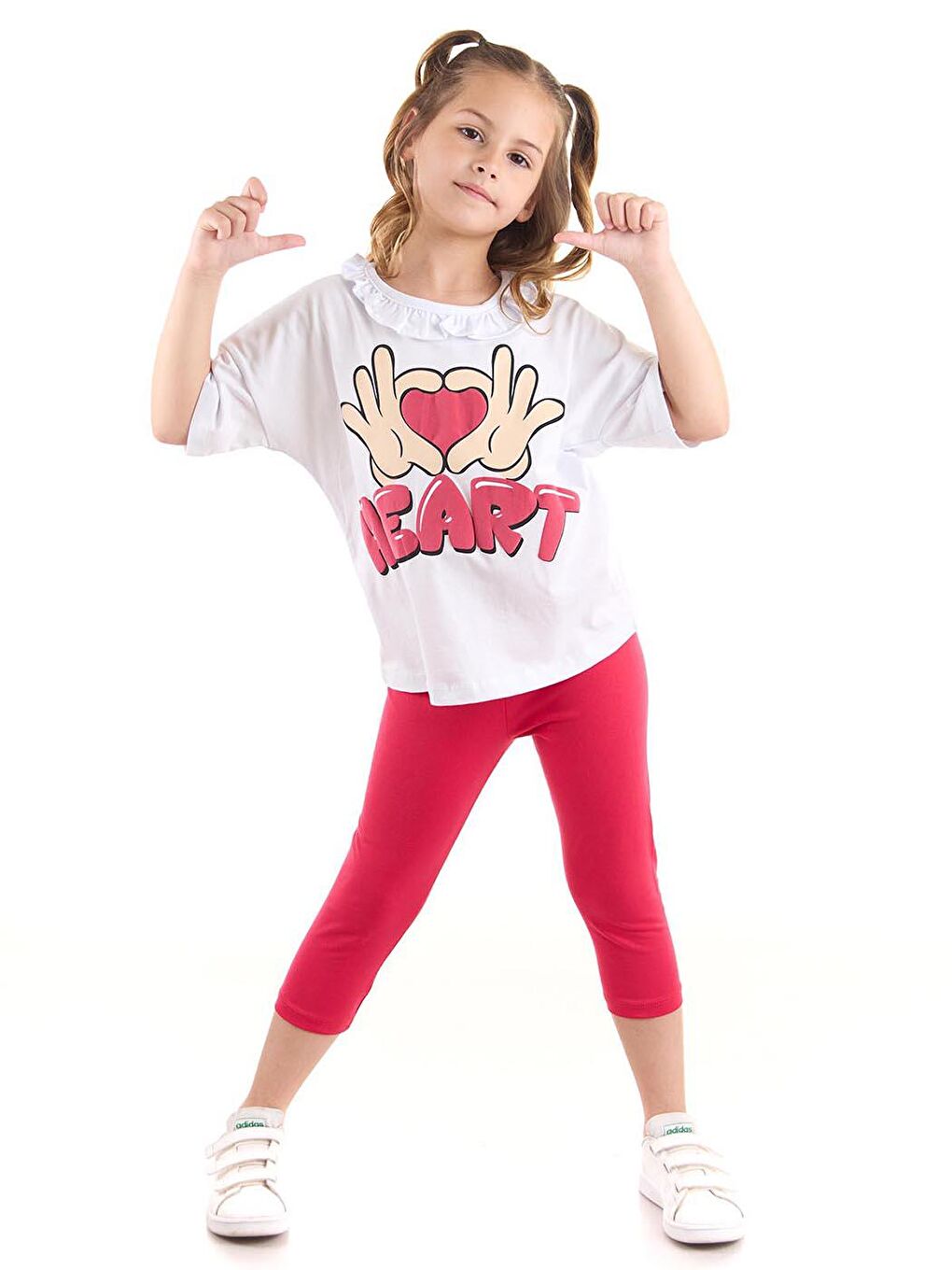Beyaz Kız Çocuk Takım Heart Baskılı Çocuk Taytlı Alt Üst Takım Trend Pamuklu Ak2518