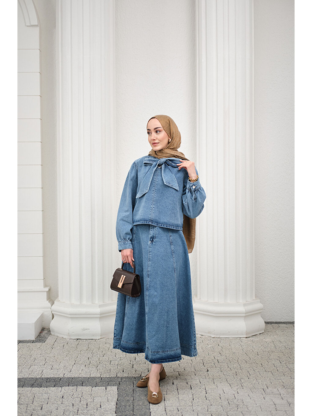 Kadın Yaka Bağlamalı Balon Kol Etekli Takım Açık Mavi-2