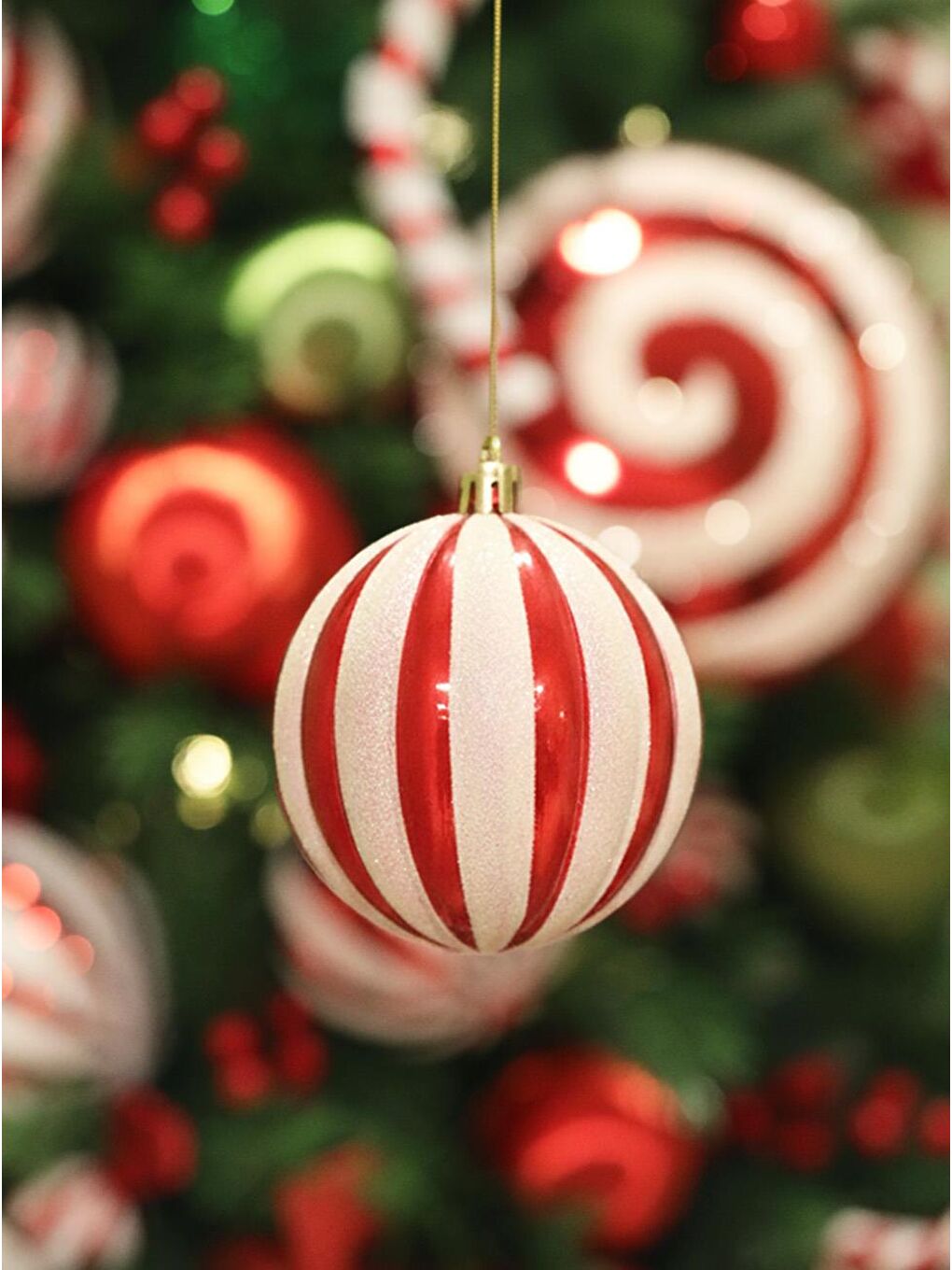 Yılbaşı Topu Dilim Desenli Dekoratif Çam Ağacı Süsü Kırmızı Beyaz 8 cm 4'lü Set