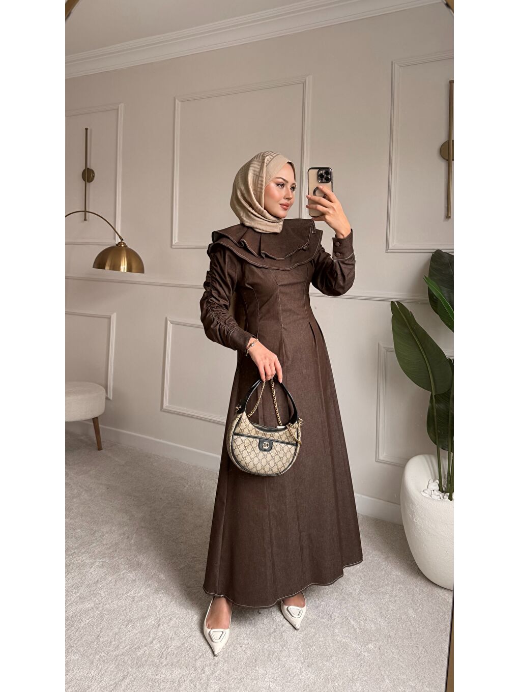 Kadın Dikiş İz Detay Pelerinli Jean Elbise Kahverengi