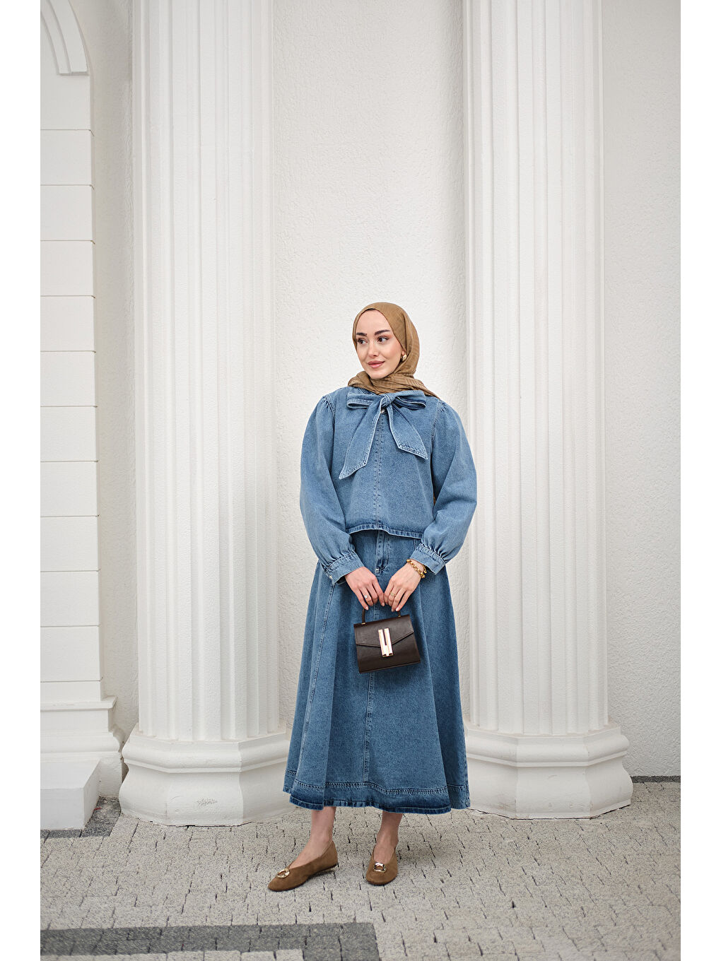 Kadın Yaka Bağlamalı Balon Kol Etekli Takım Açık Mavi-3