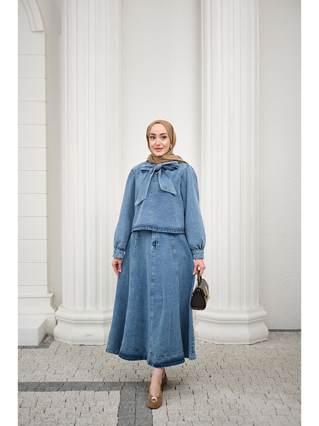 Kadın Yaka Bağlamalı Balon Kol Etekli Takım Açık Mavi-4