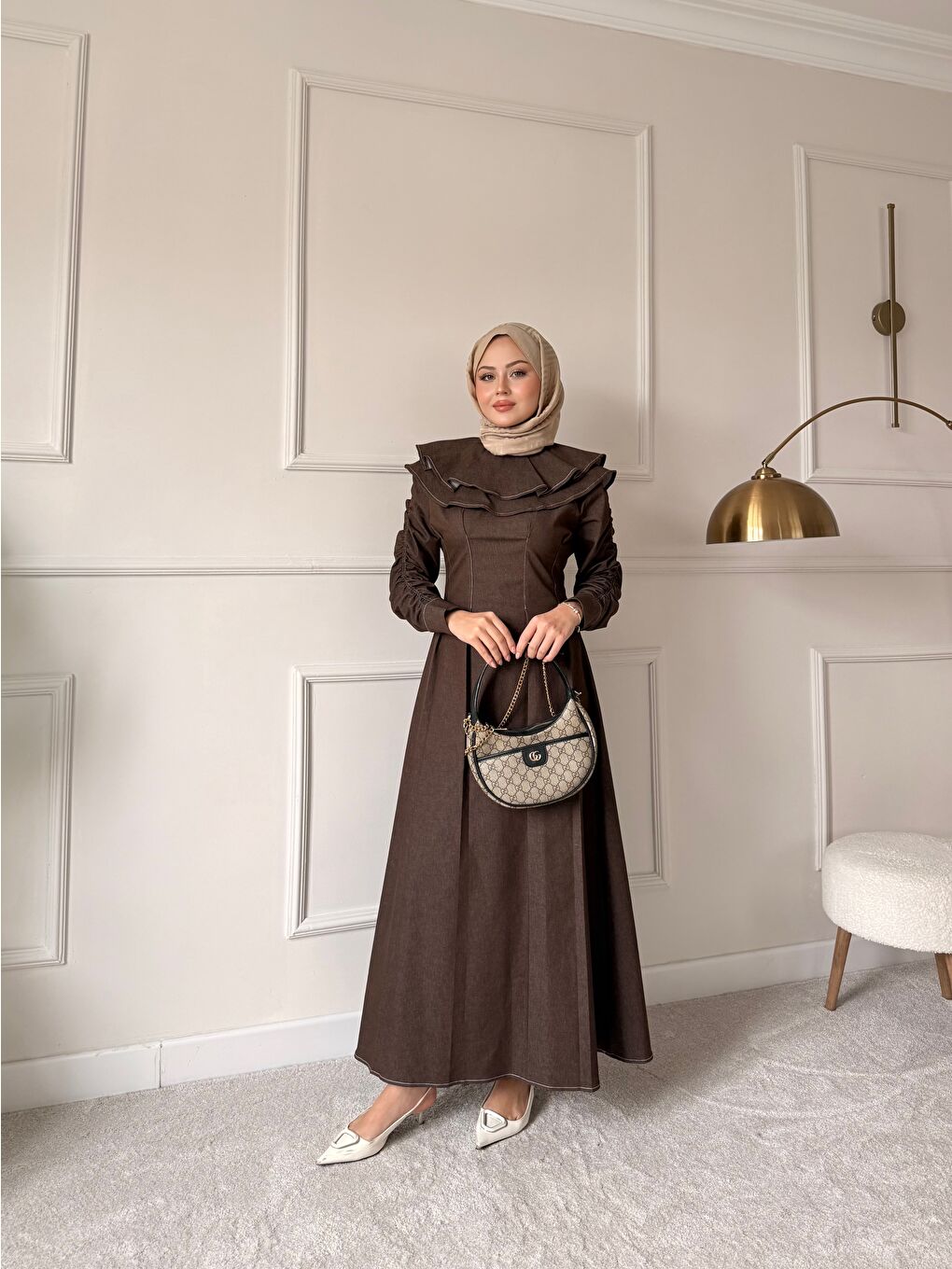 Kadın Dikiş İz Detay Pelerinli Jean Elbise Kahverengi-1