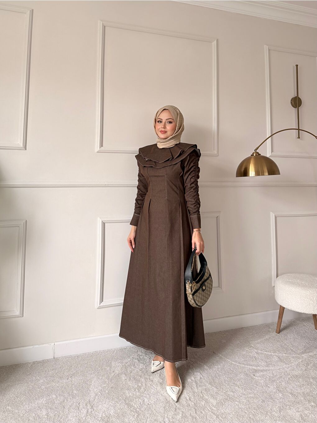 Kadın Dikiş İz Detay Pelerinli Jean Elbise Kahverengi-2