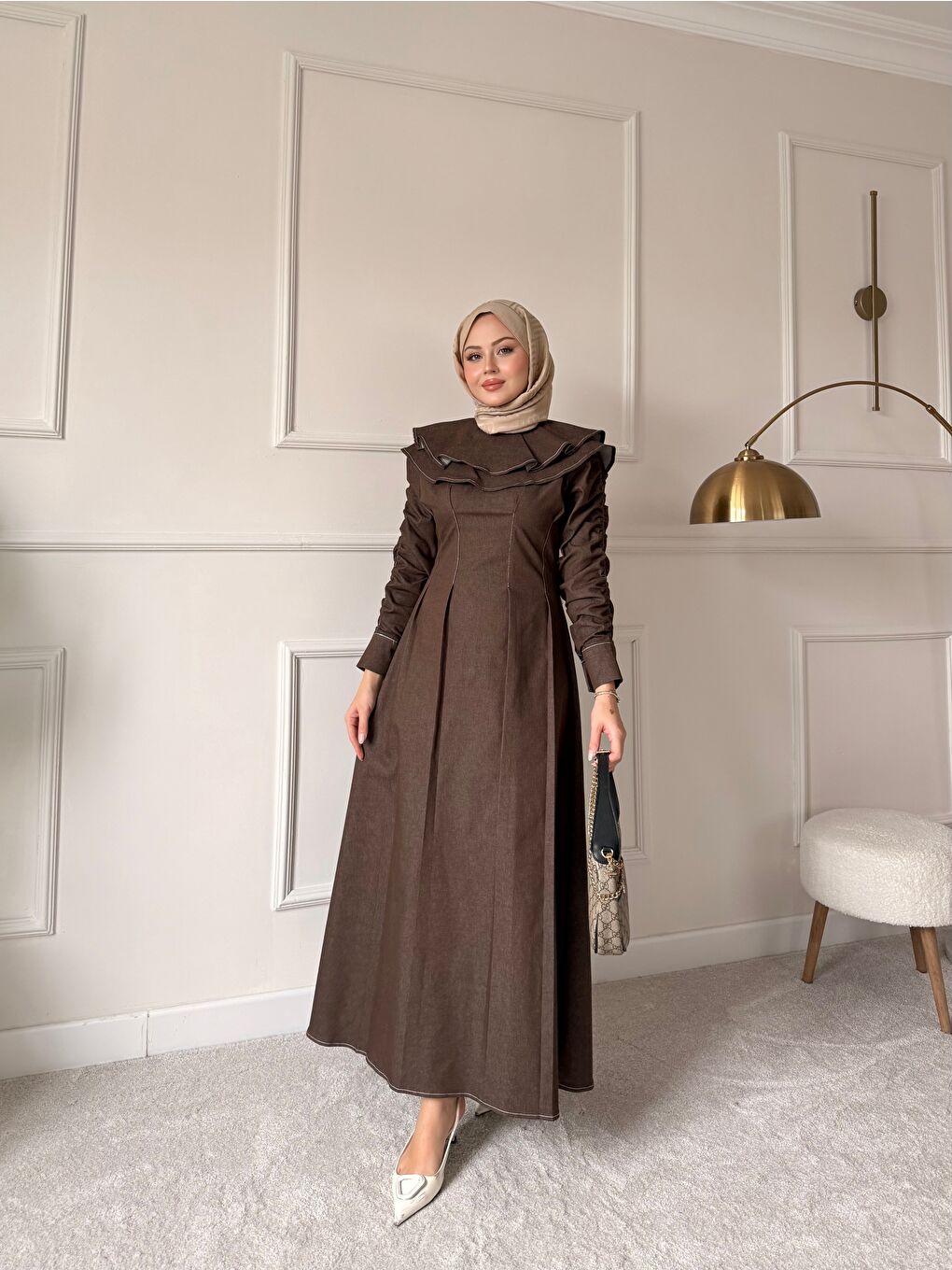 Kadın Dikiş İz Detay Pelerinli Jean Elbise Kahverengi-3