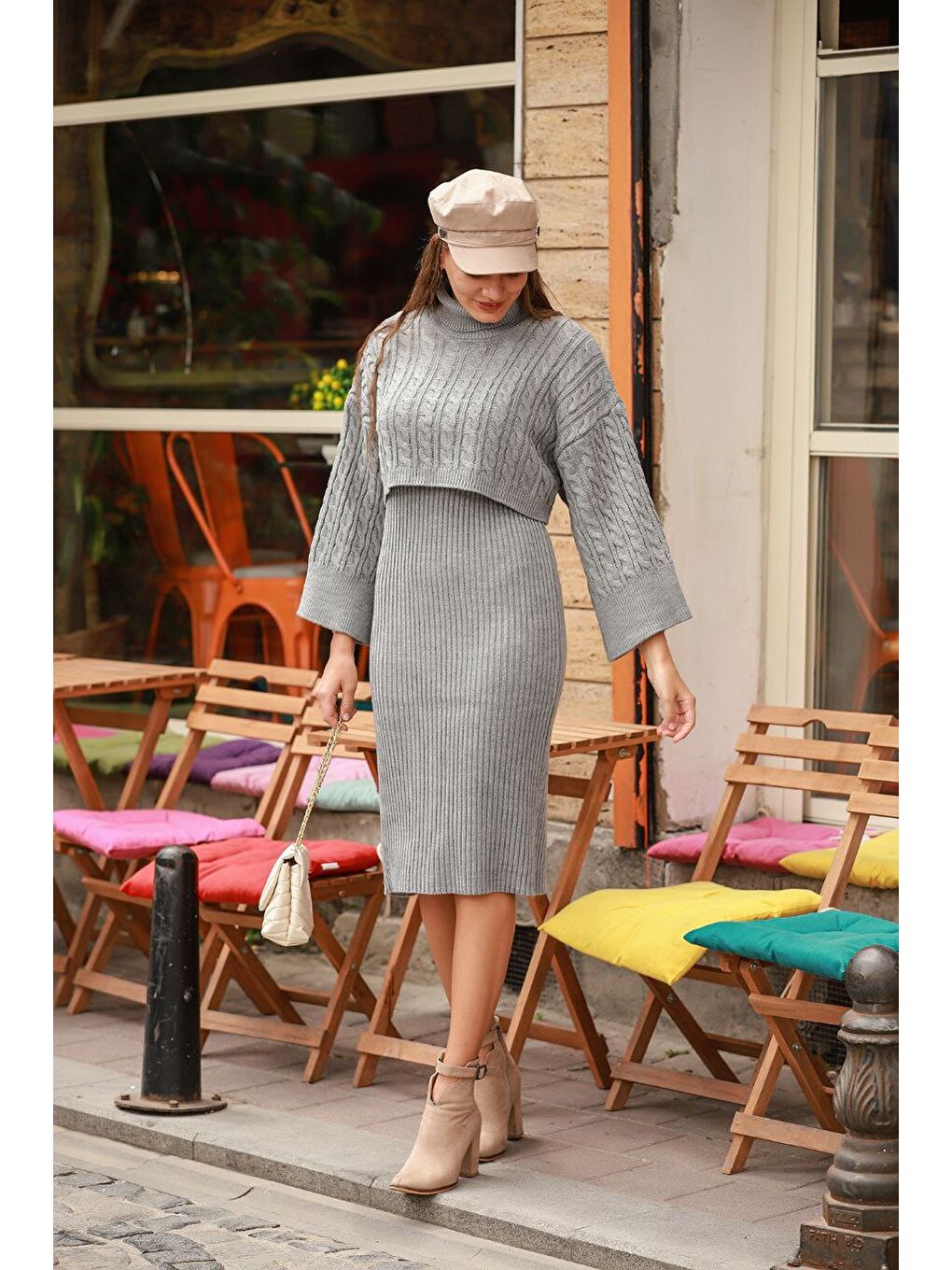 Boğazlı Crop Kazak Triko Elbise Takım Gri