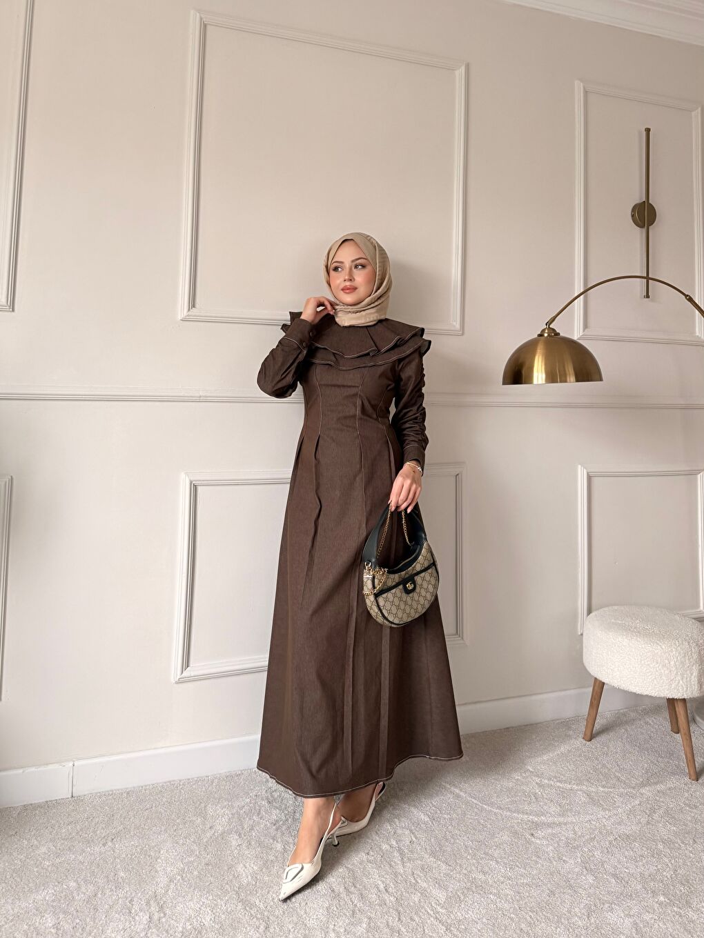 Kadın Dikiş İz Detay Pelerinli Jean Elbise Kahverengi-4