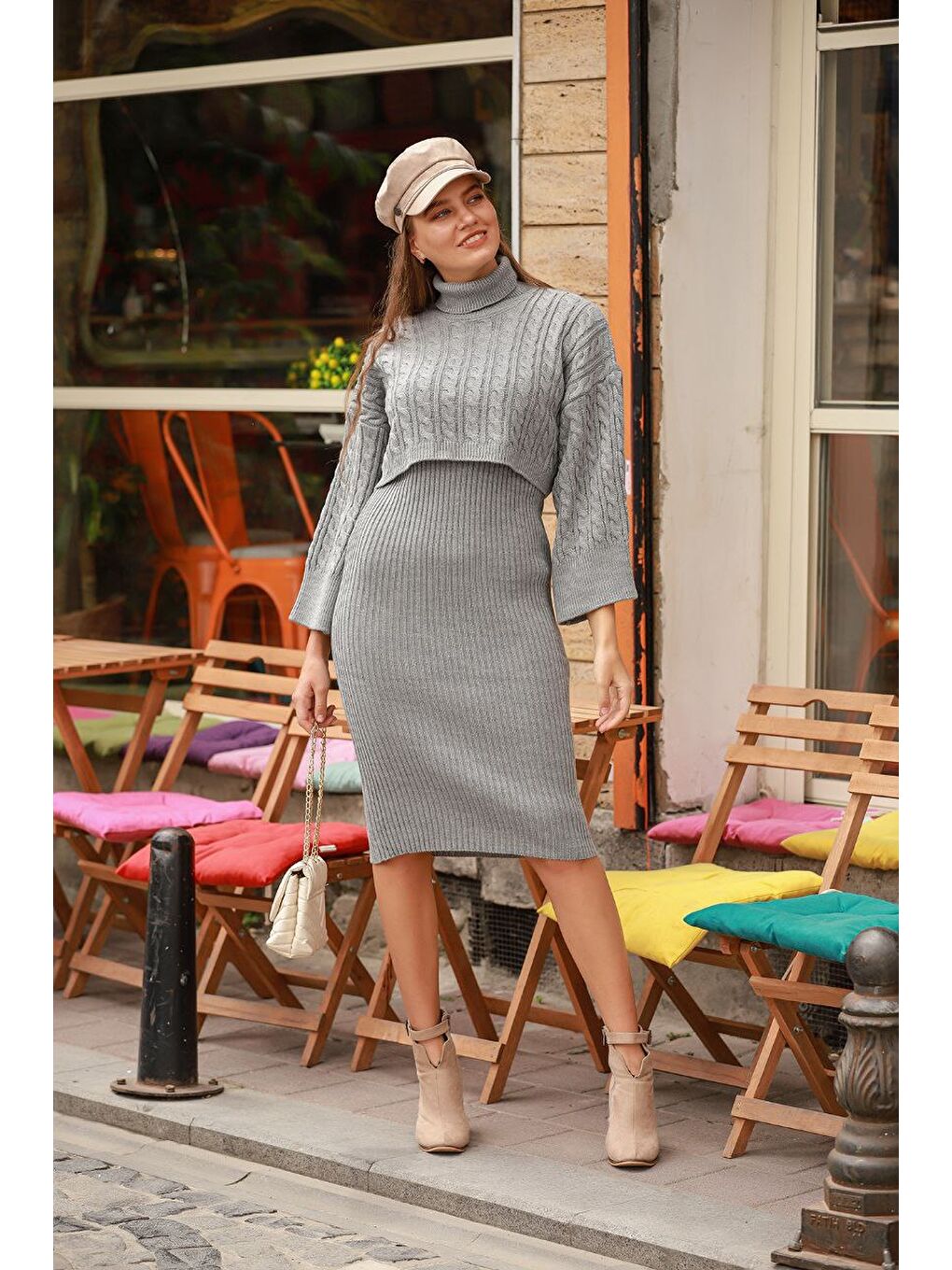 Boğazlı Crop Kazak Triko Elbise Takım Gri-1