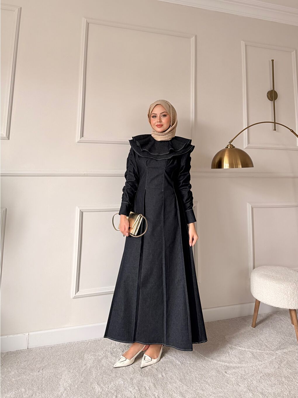 Kadın Dikiş İz Detay Pelerinli Jean Elbise Lacivert-1