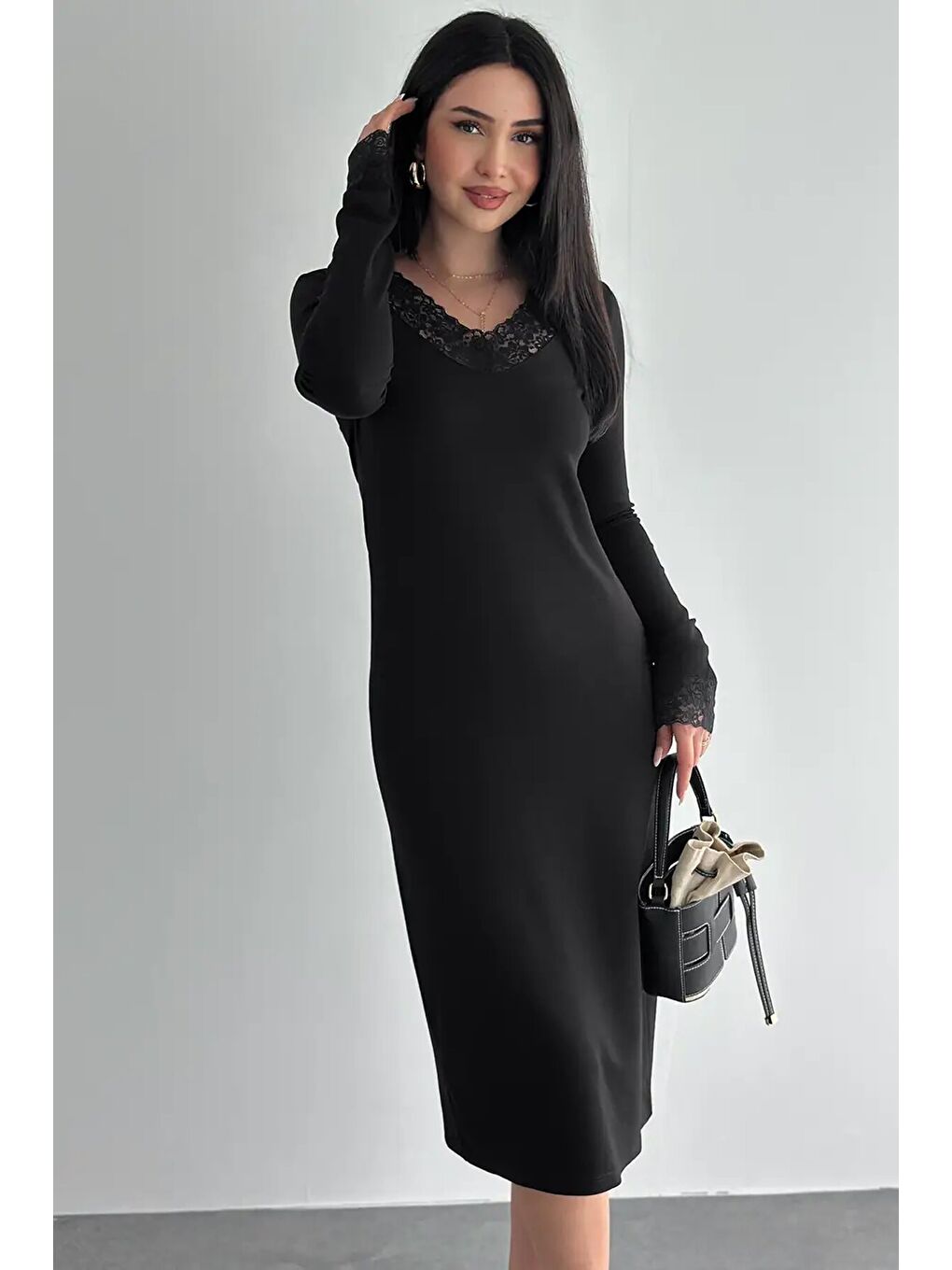 Siyah Kadın Dantel Detaylı V Yaka Elbise – Uzun Kollu Günlük Elbise-3