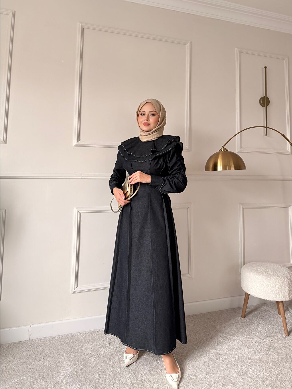 Kadın Dikiş İz Detay Pelerinli Jean Elbise Lacivert-2