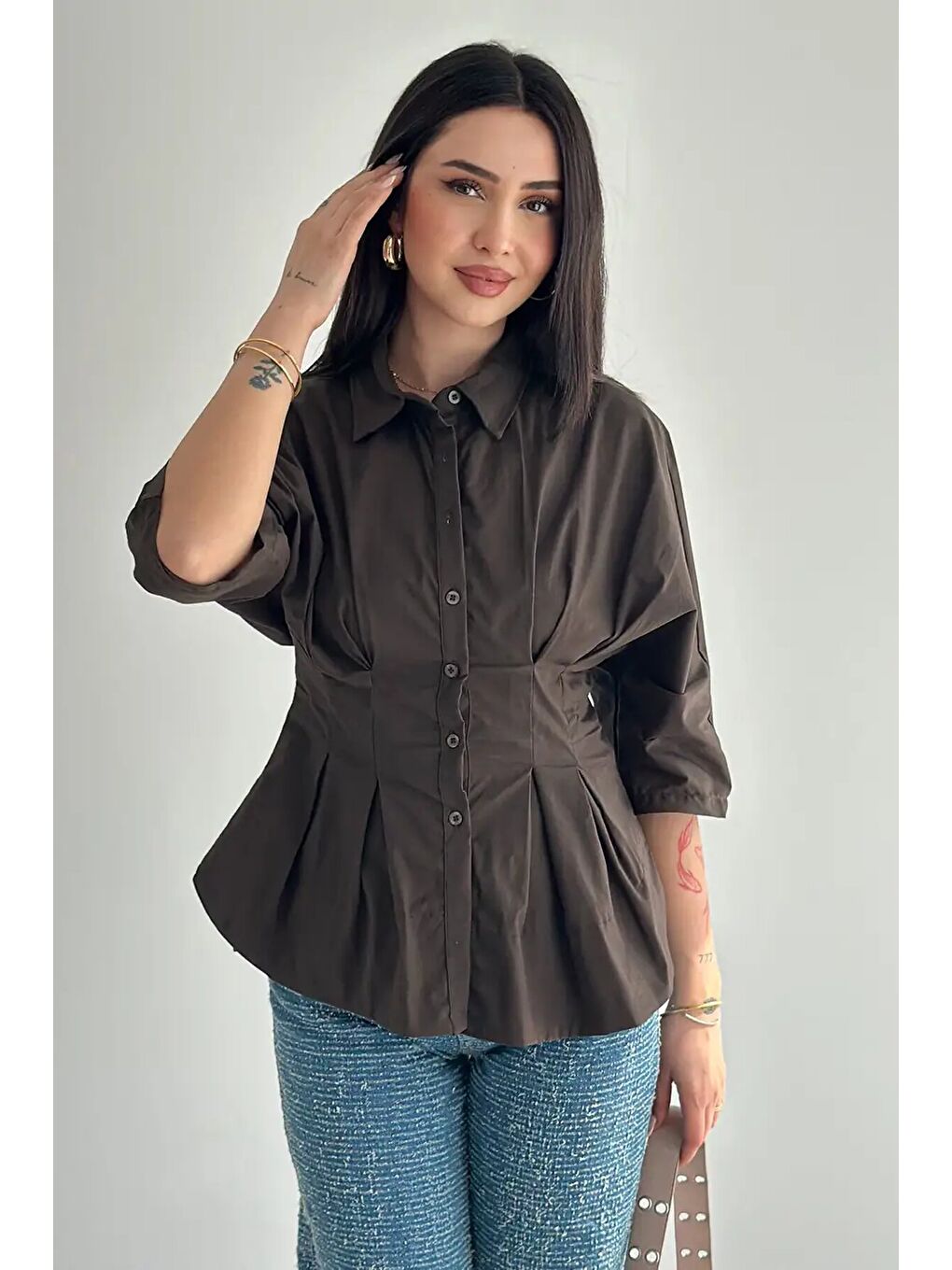 Kadın Bel Formlu Gömlek – Düğmeli Yarım Kol Gömlek Kahverengi-4